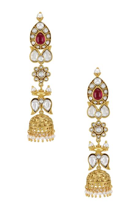 Shop Tribe Amrapali Gold Plated Stones Maheshi Jhumki Earrings at Aza Fashions Shop_Tribe Amrapali_Gold Plated Stones Maheshi Jhumki Earrings_at_Aza_Fashions