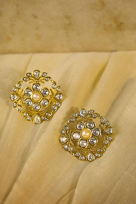 Shop Tribe Amrapali Gold Plated Stones Anika Floral Cutwork Studs at Aza Fashions Shop_Tribe Amrapali_Gold Plated Stones Anika Floral Cutwork Studs_at_Aza_Fashions