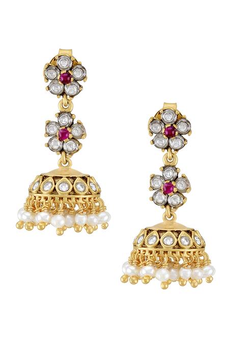 Shop Tribe Amrapali Gold Plated Stones Floral Cutwork Hetvi Jhumkas at Aza Fashions Shop_Tribe Amrapali_Gold Plated Stones Floral Cutwork Hetvi Jhumkas_at_Aza_Fashions