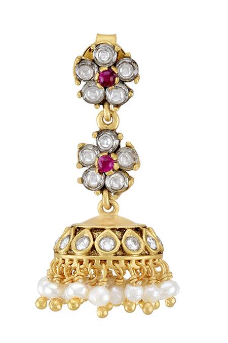 Tribe Amrapali Gold Plated Stones Floral Cutwork Hetvi Jhumkas Online at Aza Fashions Tribe Amrapali_Gold Plated Stones Floral Cutwork Hetvi Jhumkas_Online_at_Aza_Fashions