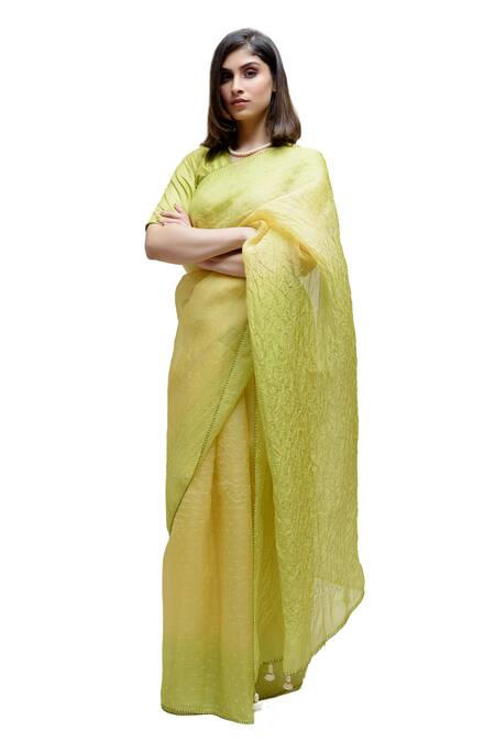 Shop_Naina Jain_Green Organza Tassels, Embroidery V-neck Hand Hem Bandhani Saree With Blouse _Online_at_Aza_Fashions