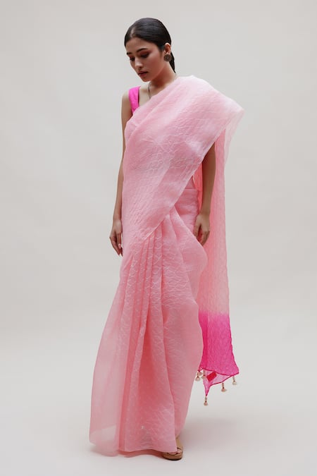 Naina Jain Pink Organza Hand Dyed Bandhani Saree With Unstitched Blouse Piece 