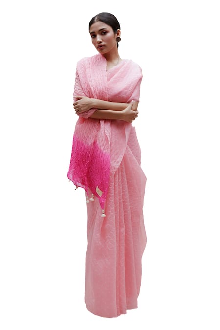Buy_Naina Jain_Pink Silk, Organza Tassels Bandhani Saree With Unstitched Blouse Piece _Online_at_Aza_Fashions