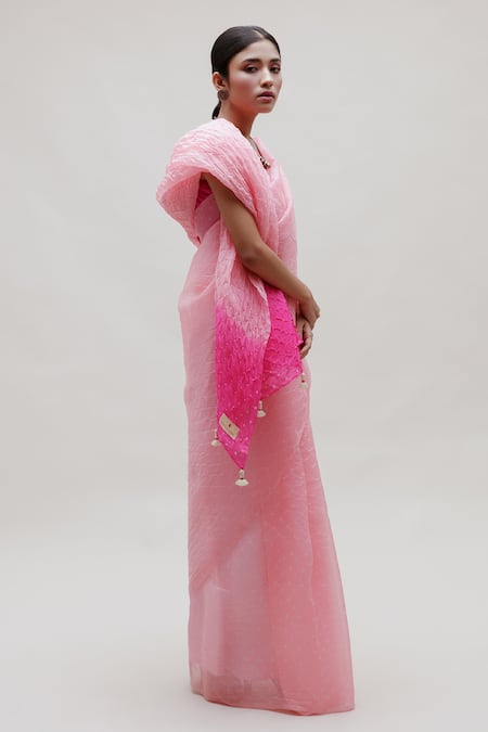 Shop_Naina Jain_Pink Silk, Organza Tassels Bandhani Saree With Unstitched Blouse Piece _Online_at_Aza_Fashions