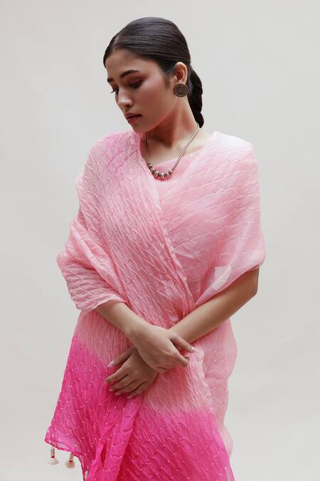Naina Jain_Pink Silk, Organza Tassels Bandhani Saree With Unstitched Blouse Piece _at_Aza_Fashions