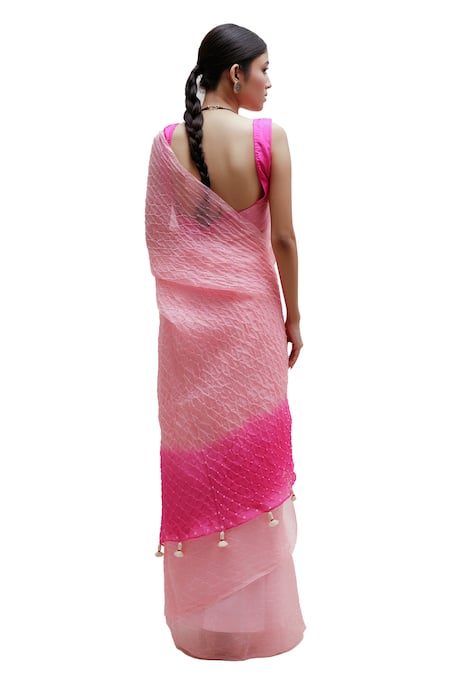 Buy_Naina Jain_Pink Silk, Organza Tassels Bandhani Saree With Unstitched Blouse Piece 