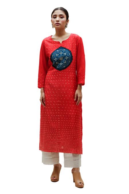 Naina Jain Red Silk Embroidery, Gota Patti Round Neck Hand Work Straight Kurta Online at Aza Fashions Naina Jain_Red Silk Embroidery, Gota Patti Round Neck Hand Work Straight Kurta _Online_at_Aza_Fashions