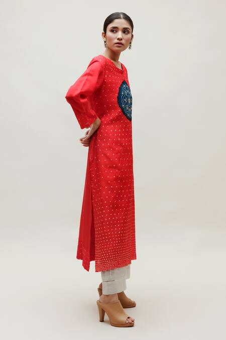 Shop Naina Jain Red Silk Embroidery, Gota Patti Round Neck Hand Work Straight Kurta Online at Aza Fashions Shop_Naina Jain_Red Silk Embroidery, Gota Patti Round Neck Hand Work Straight Kurta _Online_at_Aza_Fashions