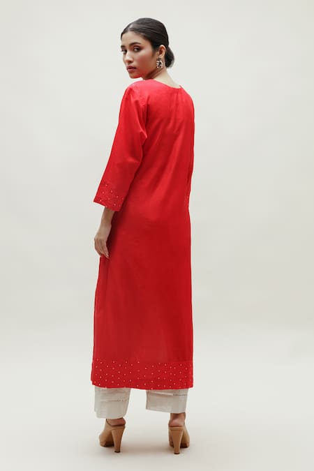 Shop Naina Jain Red Silk Embroidery, Gota Patti Round Neck Hand Work Long Kurta at Aza Fashions Shop_Naina Jain_Red Silk Embroidery, Gota Patti Round Neck Hand Work Long Kurta _at_Aza_Fashions