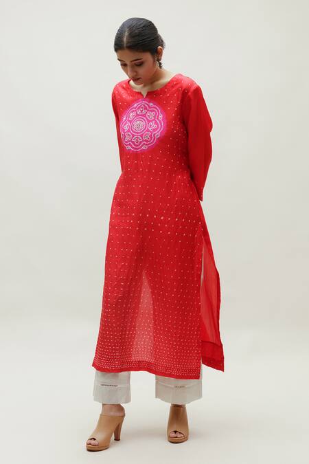 Naina Jain Red Silk Embroidery, Gota Patti Round Neck Hand Work Long Kurta Online at Aza Fashions Naina Jain_Red Silk Embroidery, Gota Patti Round Neck Hand Work Long Kurta _Online_at_Aza_Fashions