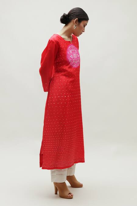 Shop Naina Jain Red Silk Embroidery, Gota Patti Round Neck Hand Work Long Kurta Online at Aza Fashions Shop_Naina Jain_Red Silk Embroidery, Gota Patti Round Neck Hand Work Long Kurta _Online_at_Aza_Fashions