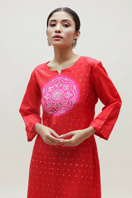Naina Jain Red Silk Embroidery, Gota Patti Round Neck Hand Work Long Kurta at Aza Fashions Naina Jain_Red Silk Embroidery, Gota Patti Round Neck Hand Work Long Kurta _at_Aza_Fashions