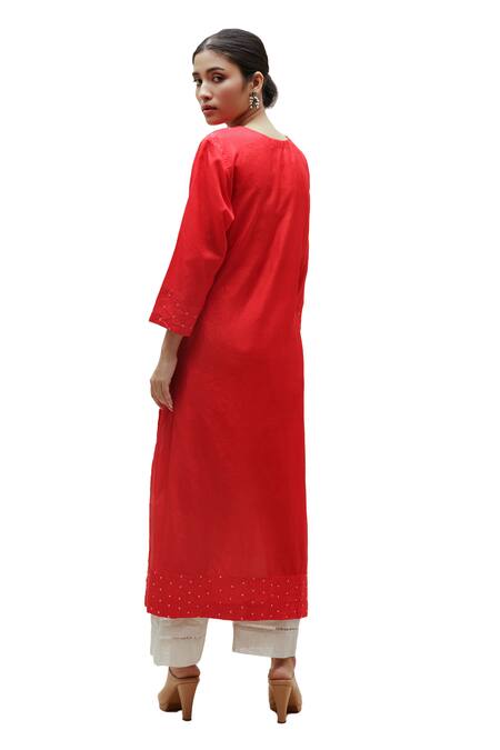 Buy Naina Jain Red Silk Embroidery, Gota Patti Round Neck Hand Work Long Kurta Buy_Naina Jain_Red Silk Embroidery, Gota Patti Round Neck Hand Work Long Kurta