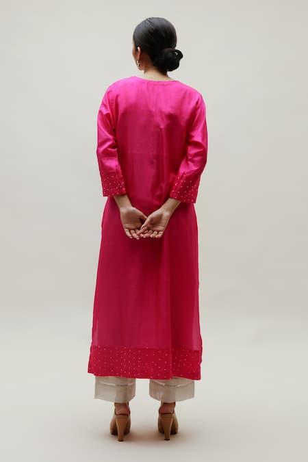 Shop_Naina Jain_Pink Silk Embroidery, Gota Patti Round Neck Detailed Long Kurta _at_Aza_Fashions