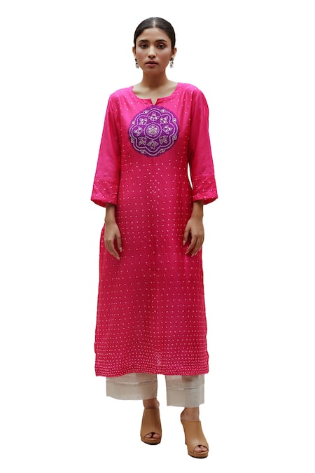Shop_Naina Jain_Pink Silk Embroidery, Gota Patti Round Neck Detailed Long Kurta _Online_at_Aza_Fashions