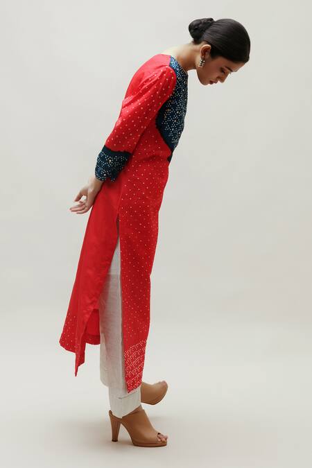 Shop_Naina Jain_Red Silk Embroidery Boat Neck Hand Yoke Straight Kurta _Online_at_Aza_Fashions