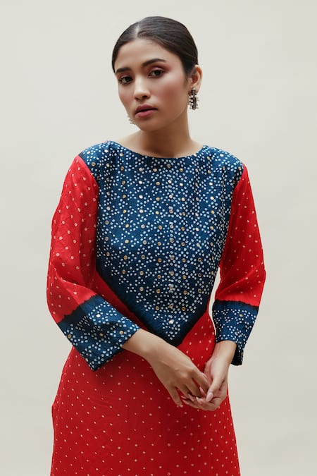 Naina Jain_Red Silk Embroidery Boat Neck Hand Yoke Straight Kurta _at_Aza_Fashions