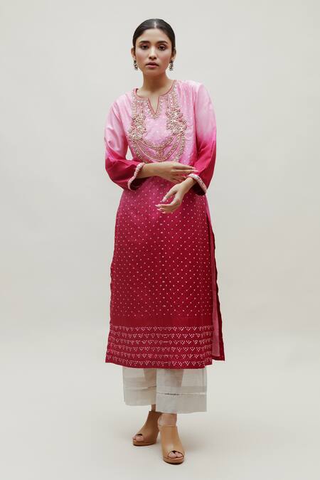 Naina Jain_Pink Silk Embroidery Round Neck Sarah Hand Yoke Ombre Kurta _Online_at_Aza_Fashions