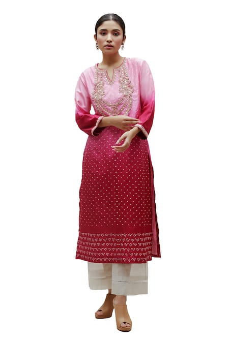 Buy_Naina Jain_Pink Silk Embroidery Round Neck Sarah Hand Yoke Ombre Kurta _Online_at_Aza_Fashions