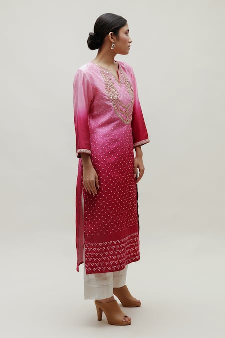 Shop_Naina Jain_Pink Silk Embroidery Round Neck Sarah Hand Yoke Ombre Kurta _Online_at_Aza_Fashions