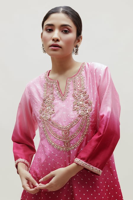 Naina Jain_Pink Silk Embroidery Round Neck Sarah Hand Yoke Ombre Kurta _at_Aza_Fashions