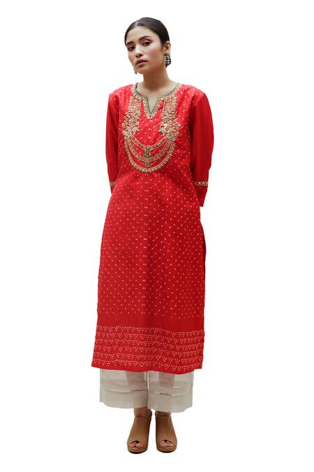 Naina Jain Red Silk Embroidery Round Neck Sarah Hand Yoke Long Kurta Online at Aza Fashions Naina Jain_Red Silk Embroidery Round Neck Sarah Hand Yoke Long Kurta _Online_at_Aza_Fashions