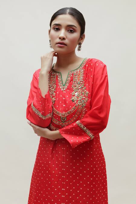 Naina Jain Red Silk Embroidery Round Neck Sarah Hand Yoke Long Kurta at Aza Fashions Naina Jain_Red Silk Embroidery Round Neck Sarah Hand Yoke Long Kurta _at_Aza_Fashions