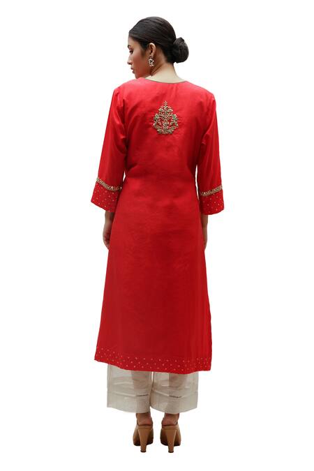 Buy Naina Jain Red Silk Embroidery Round Neck Sarah Hand Yoke Long Kurta Buy_Naina Jain_Red Silk Embroidery Round Neck Sarah Hand Yoke Long Kurta