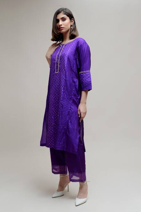 Shop_Naina Jain_Purple Silk Pearls Round Neck Bandhani Straight Kurta With Pant_at_Aza_Fashions