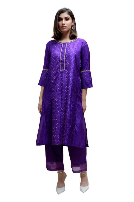 Naina Jain_Purple Silk Pearls Round Neck Bandhani Straight Kurta With Pant_Online_at_Aza_Fashions