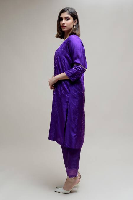 Shop_Naina Jain_Purple Silk Pearls Round Neck Bandhani Straight Kurta With Pant_Online_at_Aza_Fashions