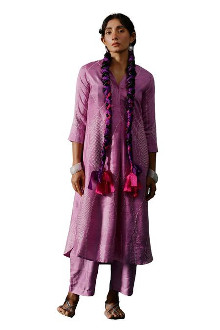 Shop_Naina Jain_Purple Silk Embroidery V-neck Bandhani Maze Pattern Long Kurta With Pant _Online_at_Aza_Fashions