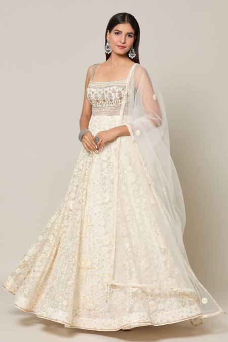 Buy_Samyukta Singhania_Ivory Georgette, Net Chains, Sequins, Mughal Bloom Chikankari Gown With Dupatta _Online_at_Aza_Fashions