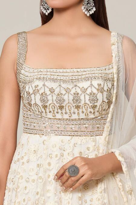 Shop_Samyukta Singhania_Ivory Georgette, Net Chains, Sequins, Mughal Bloom Chikankari Gown With Dupatta _Online_at_Aza_Fashions