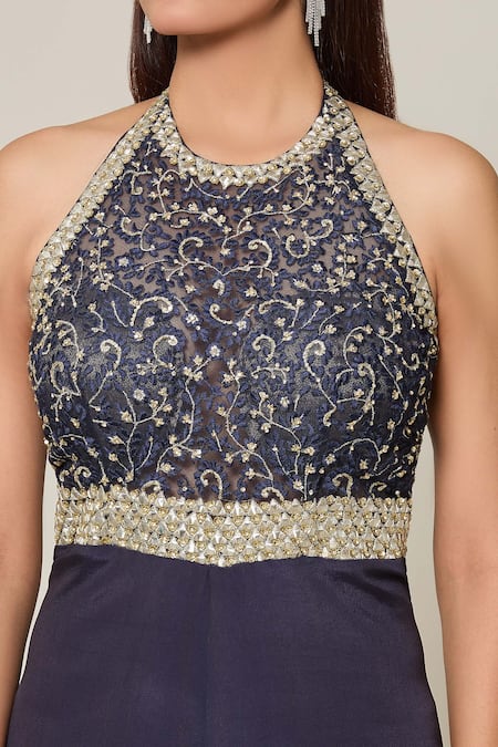 Samyukta Singhania_Blue Crepe Embroidery, Sequins Halter Neck Ambrosia Jumpsuit _Online_at_Aza_Fashions