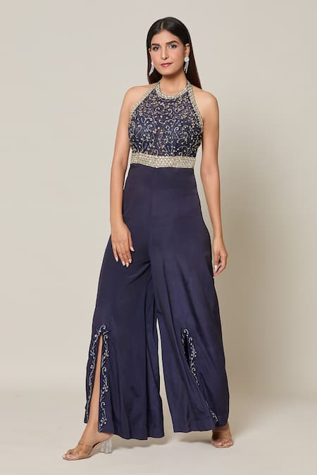 Buy_Samyukta Singhania_Blue Crepe Embroidery, Sequins Halter Neck Ambrosia Jumpsuit _Online_at_Aza_Fashions
