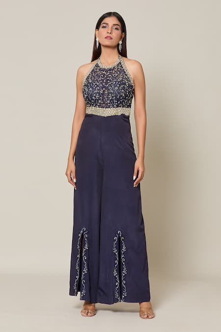 Shop_Samyukta Singhania_Blue Crepe Embroidery, Sequins Halter Neck Ambrosia Jumpsuit _Online_at_Aza_Fashions