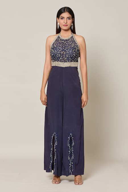 Samyukta Singhania_Blue Crepe Embroidery, Sequins Halter Neck Ambrosia Jumpsuit _at_Aza_Fashions
