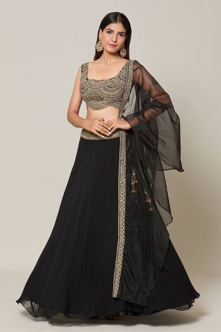 Shop Samyukta Singhania Black Organza, Georgette Embroidery Fleur Dori And Resham Blouse Lehenga Set Online at Aza Fashions Shop_Samyukta Singhania_Black Organza, Georgette Embroidery Fleur Dori And Resham Blouse Lehenga Set _Online_at_Aza_Fashions