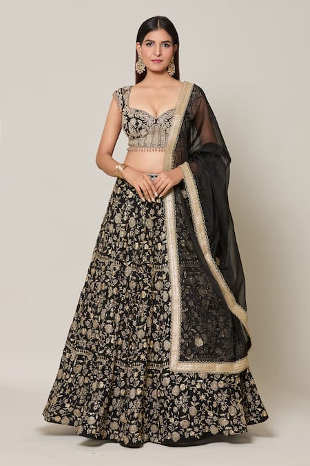 Samyukta Singhania Black Net Embroidery Dori Sweetheart Neck Gul Zari Lehenga Set