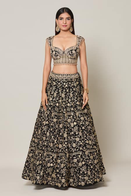Samyukta Singhania Black Organza, Net, Georgette Crystals, Diamonds, Gul Embroidered Lehenga Set Online at Aza Fashions Samyukta Singhania_Black Organza, Net, Georgette Crystals, Diamonds, Gul Embroidered Lehenga Set _Online_at_Aza_Fashions