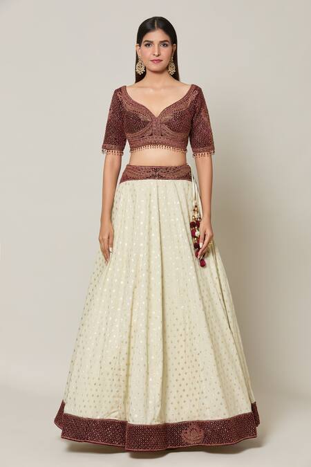 Naintara Bajaj_Maroon Net, Velvet, Brocade Embroidery, Sequins, Bloom Banarasi Lehenga Set _Online_at_Aza_Fashions