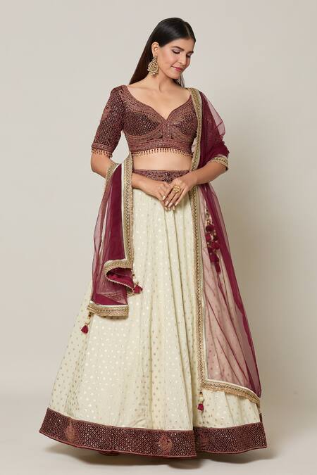 Buy_Naintara Bajaj_Maroon Net, Velvet, Brocade Embroidery, Sequins, Bloom Banarasi Lehenga Set _Online_at_Aza_Fashions