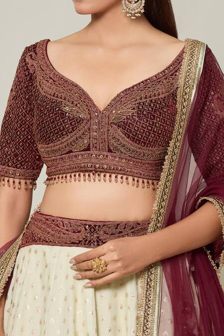 Shop_Naintara Bajaj_Maroon Net, Velvet, Brocade Embroidery, Sequins, Bloom Banarasi Lehenga Set _Online_at_Aza_Fashions