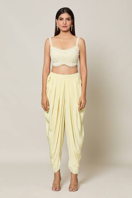 Samyukta Singhania Yellow Crepe, Georgette Embroidery, Pearls, Mirrors Mahal Jacket Dhoti Pant Set Online at Aza Fashions Samyukta Singhania_Yellow Crepe, Georgette Embroidery, Pearls, Mirrors Mahal Jacket Dhoti Pant Set _Online_at_Aza_Fashions