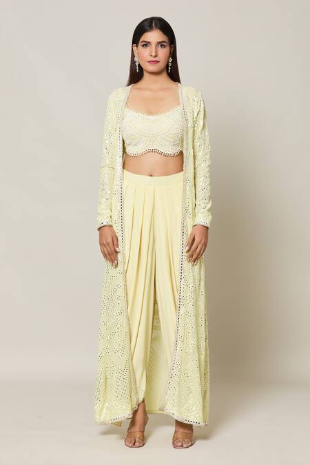 Buy Samyukta Singhania Yellow Crepe, Georgette Embroidery, Pearls, Mirrors Mahal Jacket Dhoti Pant Set Online at Aza Fashions Buy_Samyukta Singhania_Yellow Crepe, Georgette Embroidery, Pearls, Mirrors Mahal Jacket Dhoti Pant Set _Online_at_Aza_Fashions