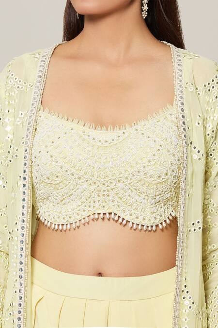 Shop Samyukta Singhania Yellow Crepe, Georgette Embroidery, Pearls, Mirrors Mahal Jacket Dhoti Pant Set Online at Aza Fashions Shop_Samyukta Singhania_Yellow Crepe, Georgette Embroidery, Pearls, Mirrors Mahal Jacket Dhoti Pant Set _Online_at_Aza_Fashions