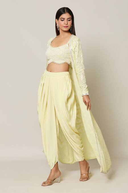 Samyukta Singhania Yellow Crepe, Georgette Embroidery, Pearls, Mirrors Mahal Jacket Dhoti Pant Set at Aza Fashions Samyukta Singhania_Yellow Crepe, Georgette Embroidery, Pearls, Mirrors Mahal Jacket Dhoti Pant Set _at_Aza_Fashions