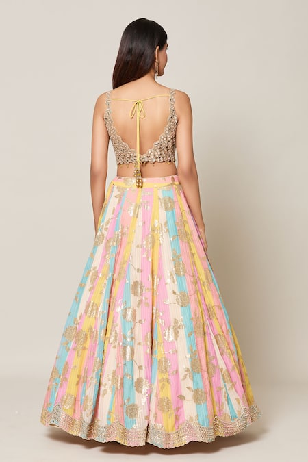 Shop_Samyukta Singhania_Multi Color Organza, Net, Silk Mirrors, Cut Bloom Embroidered Kali Lehenga Set _at_Aza_Fashions
