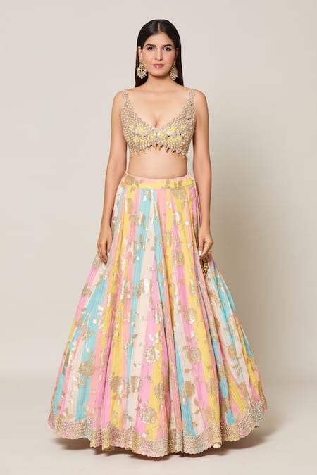 Samyukta Singhania_Multi Color Organza, Net, Silk Mirrors, Cut Bloom Embroidered Kali Lehenga Set _Online_at_Aza_Fashions